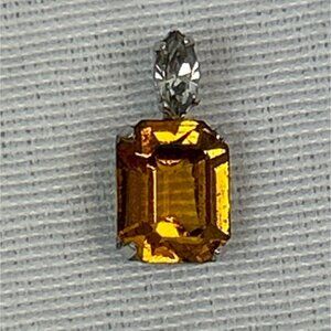 Silver Tone Pendant Emerald Cut Amber Color Gemstone Small Clear Accent Stone